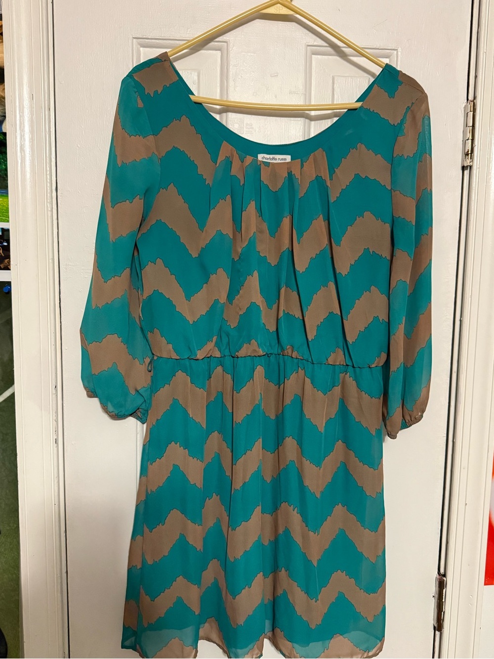 Charlotte Russe Teal and Taupe Chevron Long Sleeve Dress